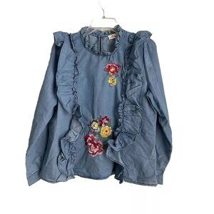 Penelope Project Blue Chambray Ruffle Embroidered Beaded Top